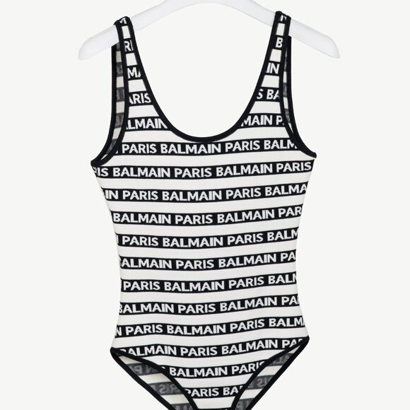 Balmain Black & White Knit All-Over Logo-Stripe Bodysuit - Picture 2 of 9